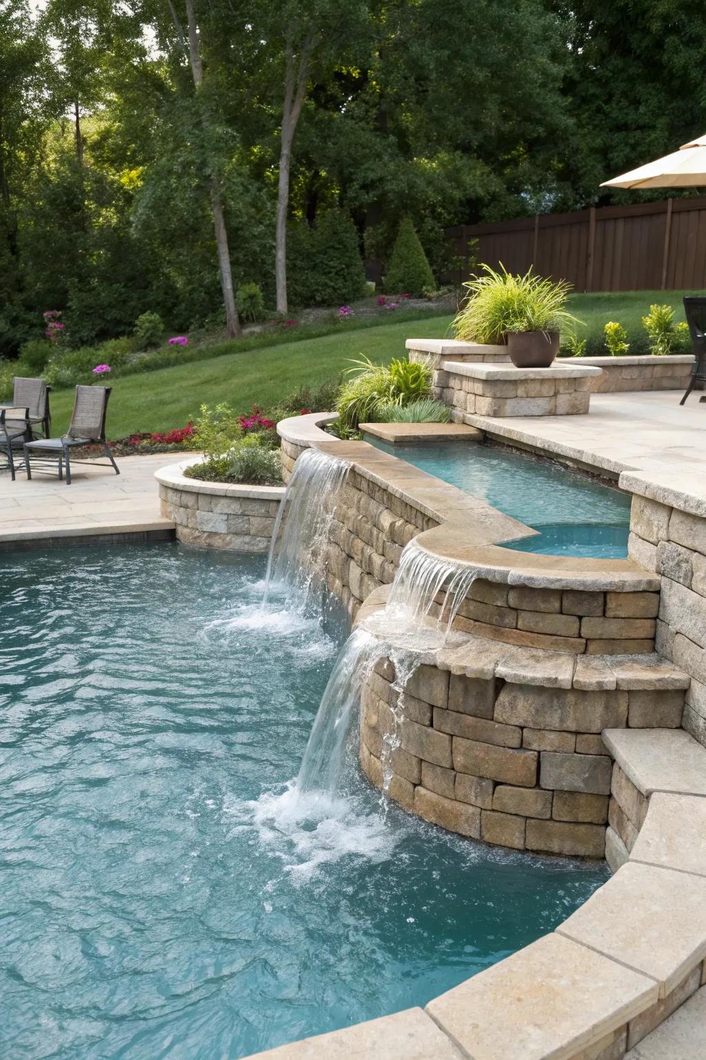 A tiered waterfall adds layers of beauty and sound to your pool.