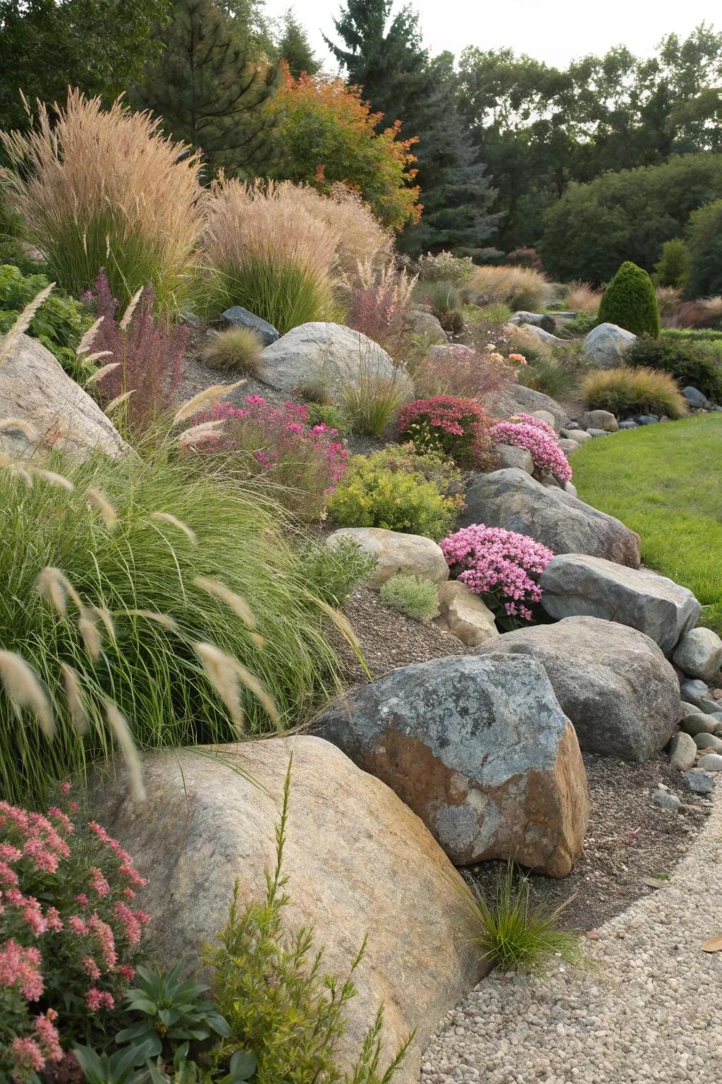 Large stones craft organic visual spots that fascinate.