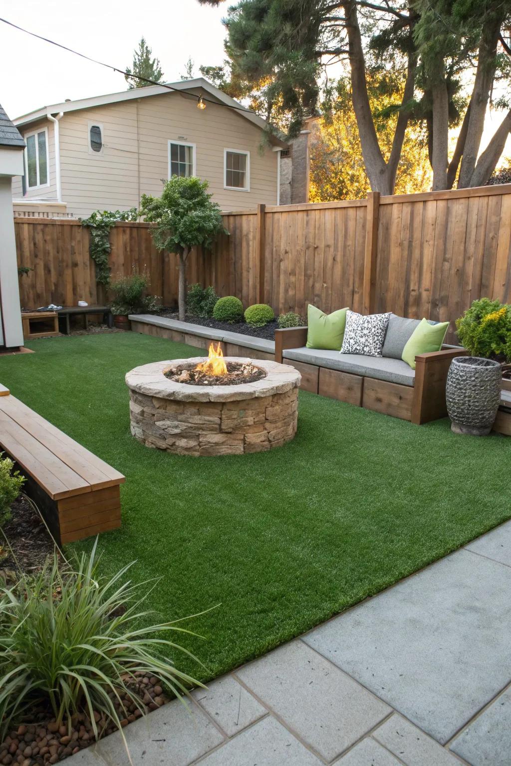 A comfortable fire pit is encircled by lush turf.