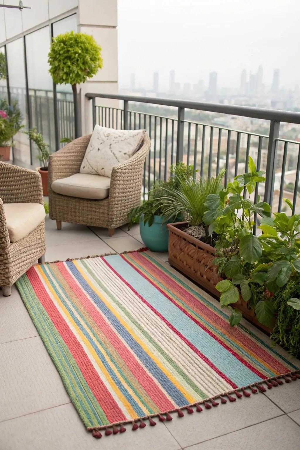 Outdoor floor coverings add warmth and color to your balcony.