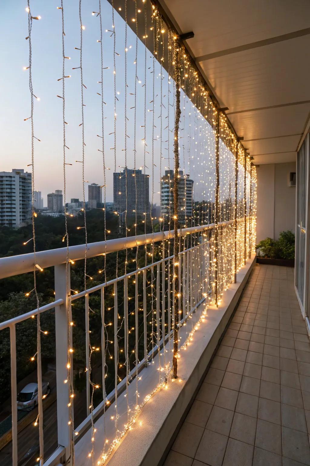 Waterfall lights bring a dramatic and enchanting touch to balconies.