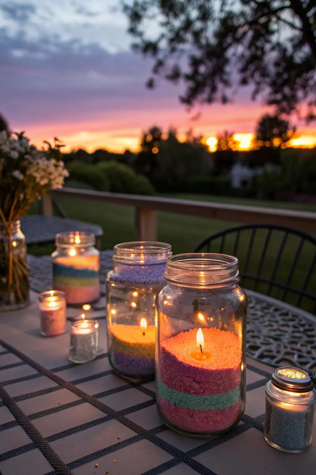 Individualized candle stands fashioned from canning jars cultivate a bewitching ambiance.