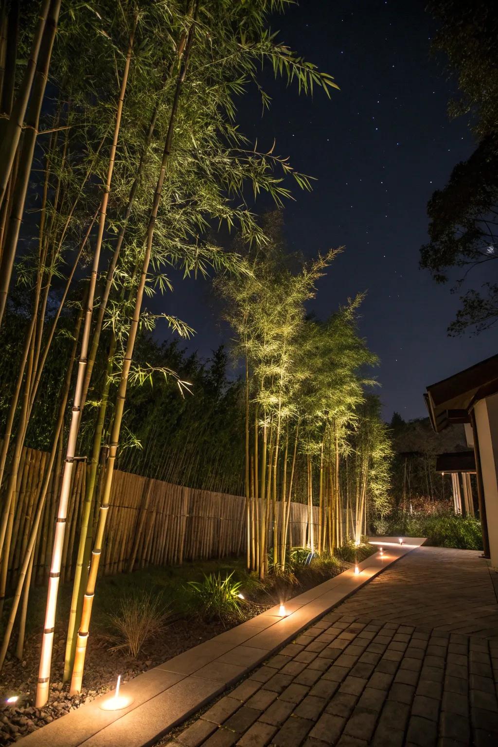 A bamboo garden illuminated by gentle lights, creating a magical nighttime atmosphere.