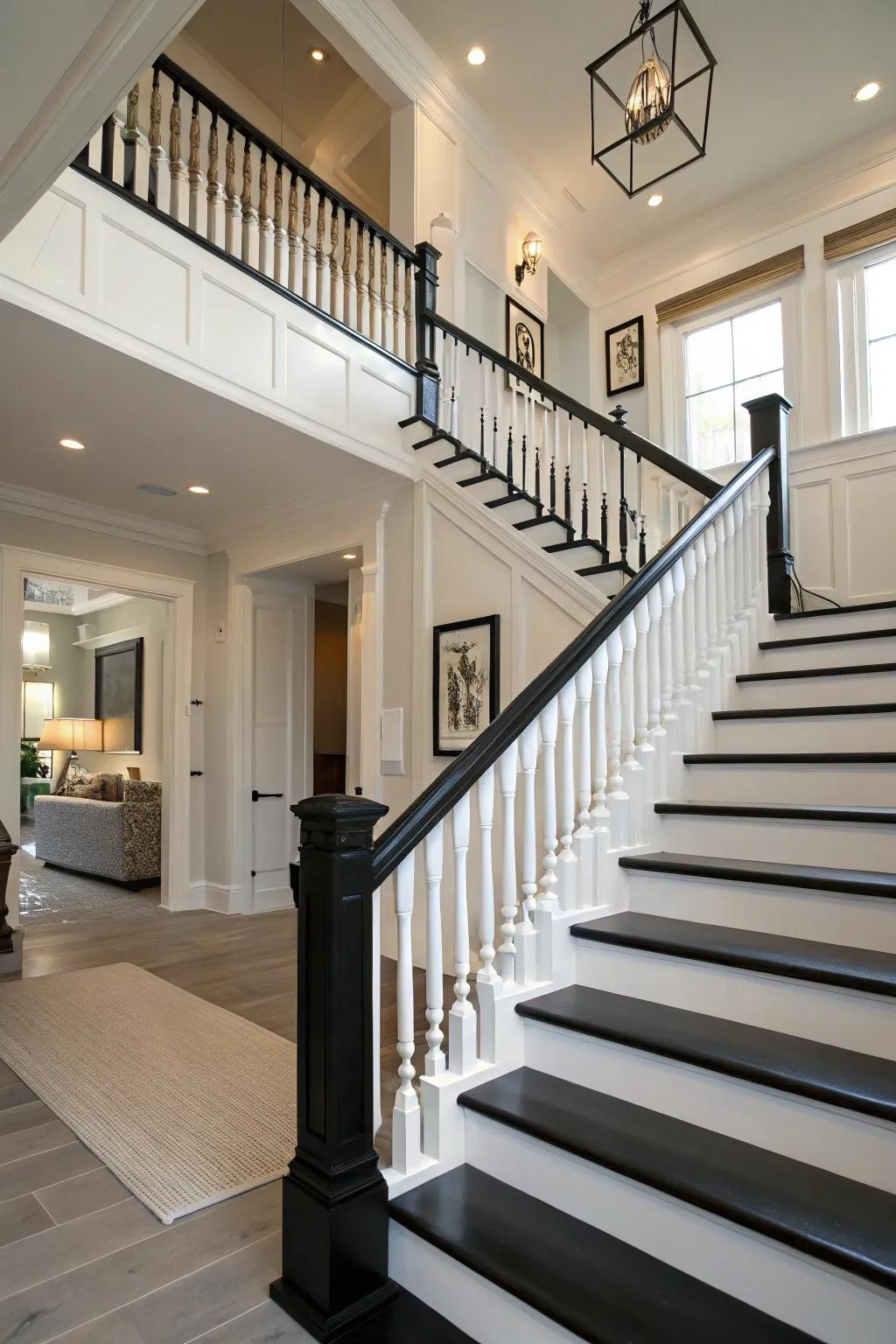 Striking and modern through monochrome contrast on a staircase rail.