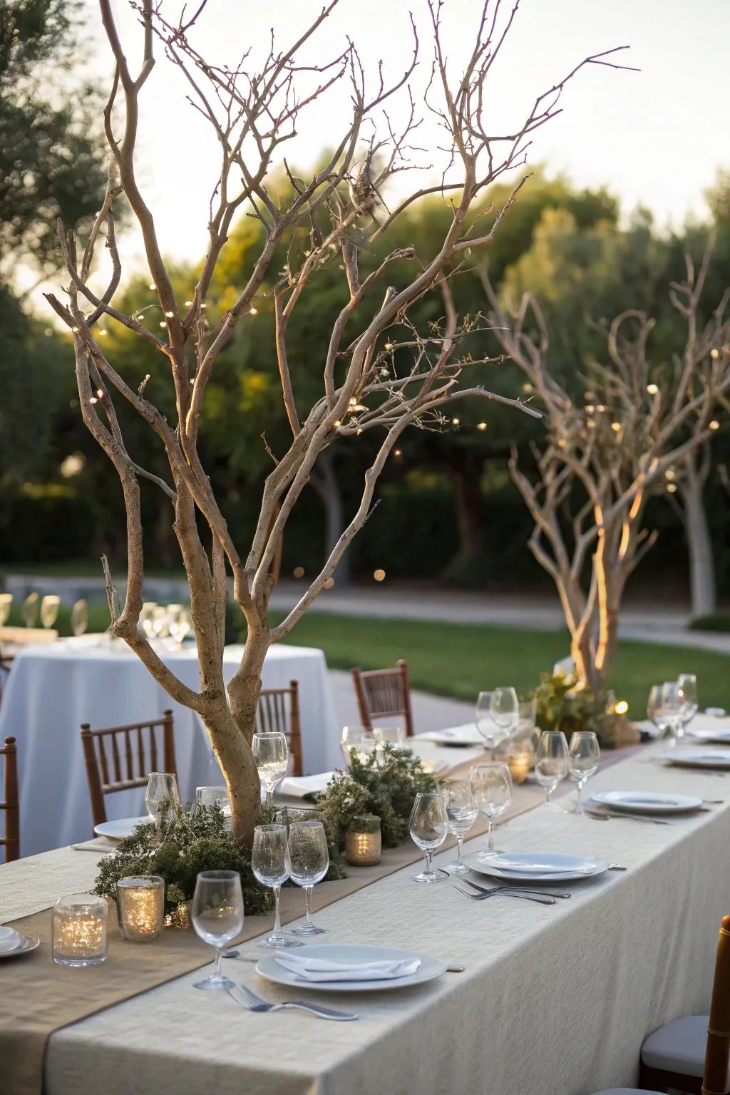 Tree branches lending a whimsical flair to the banquet setting.
