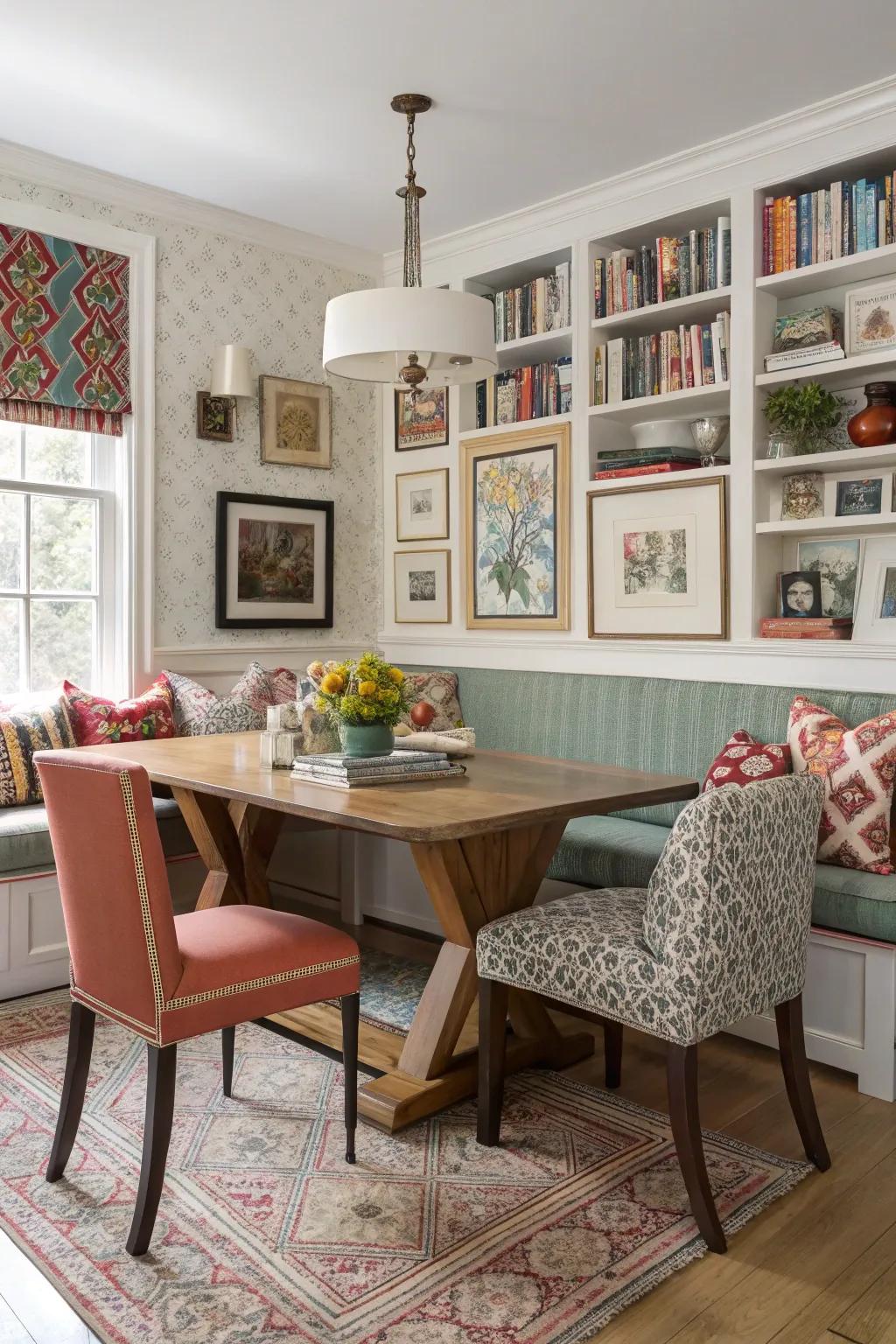 An eclectic dining area with a blend of banquette seating and mismatched chairs.