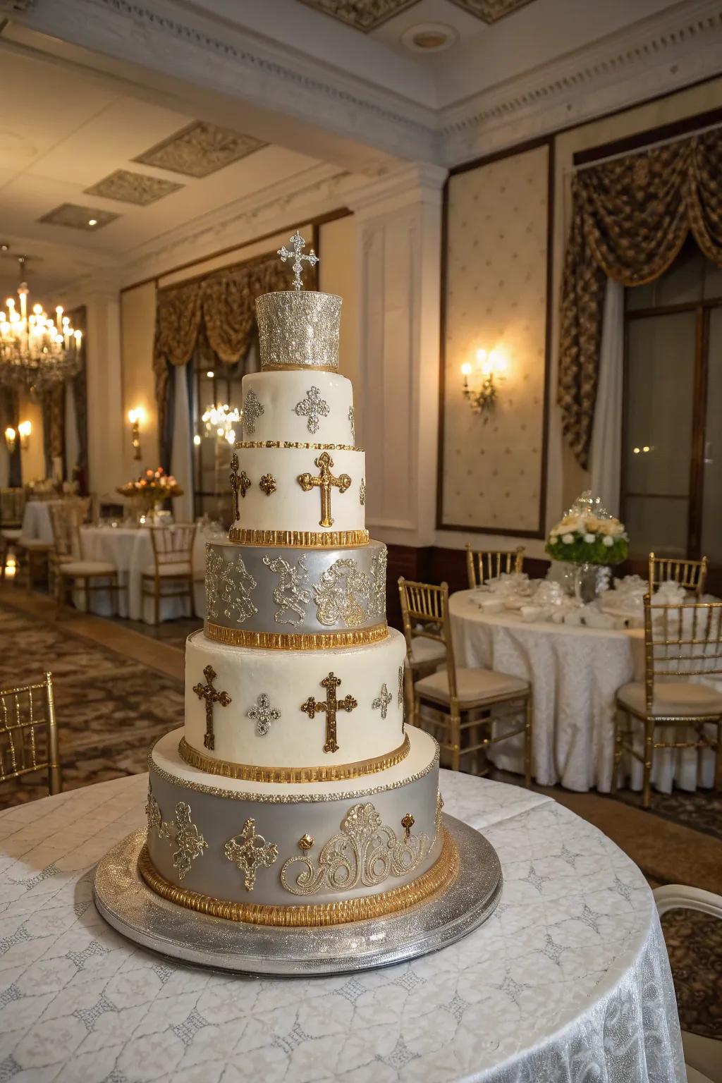 A multi-tiered cake featuring elegant crucifix decorations.