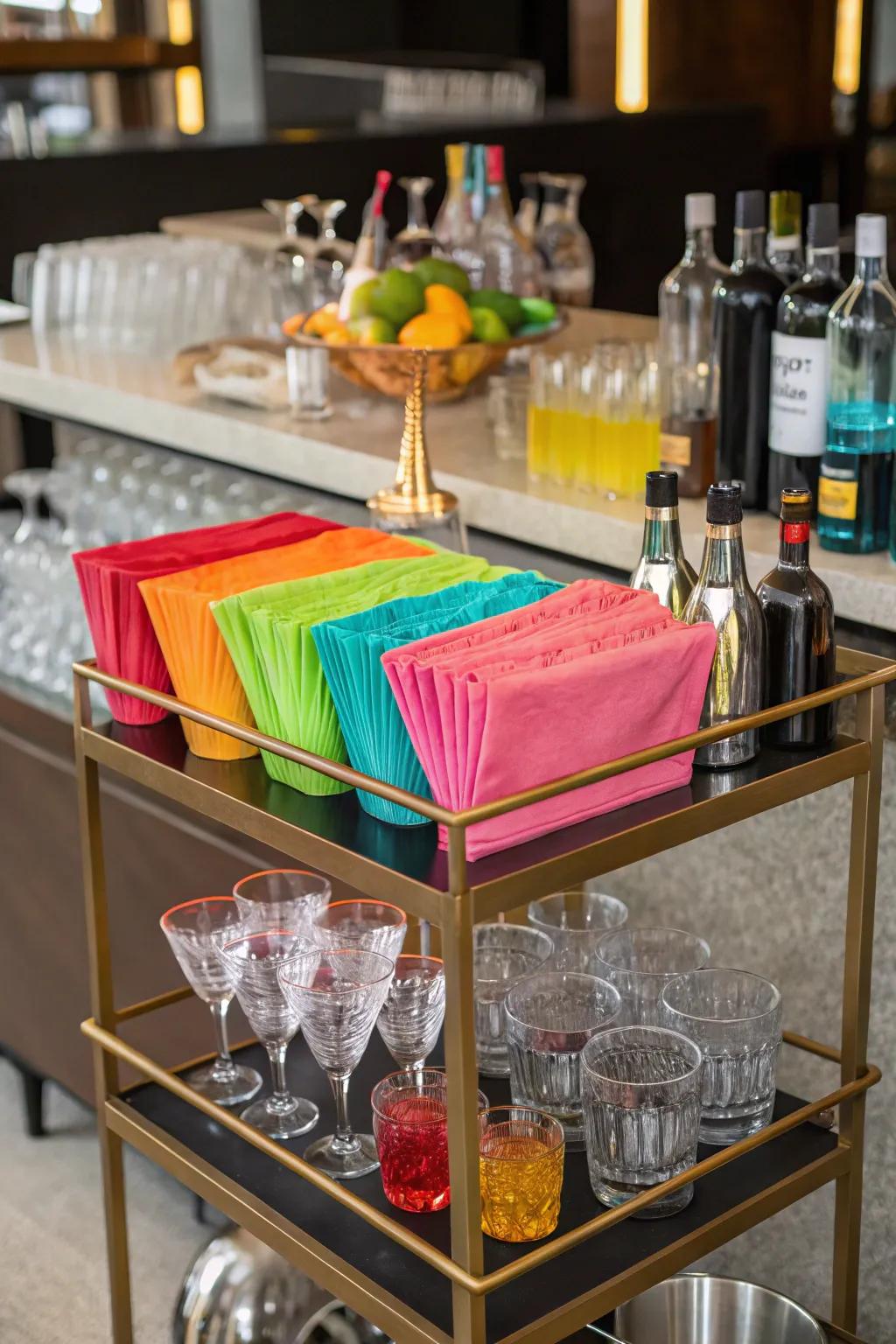 Vibrant colors make for a lively and appealing home bar.