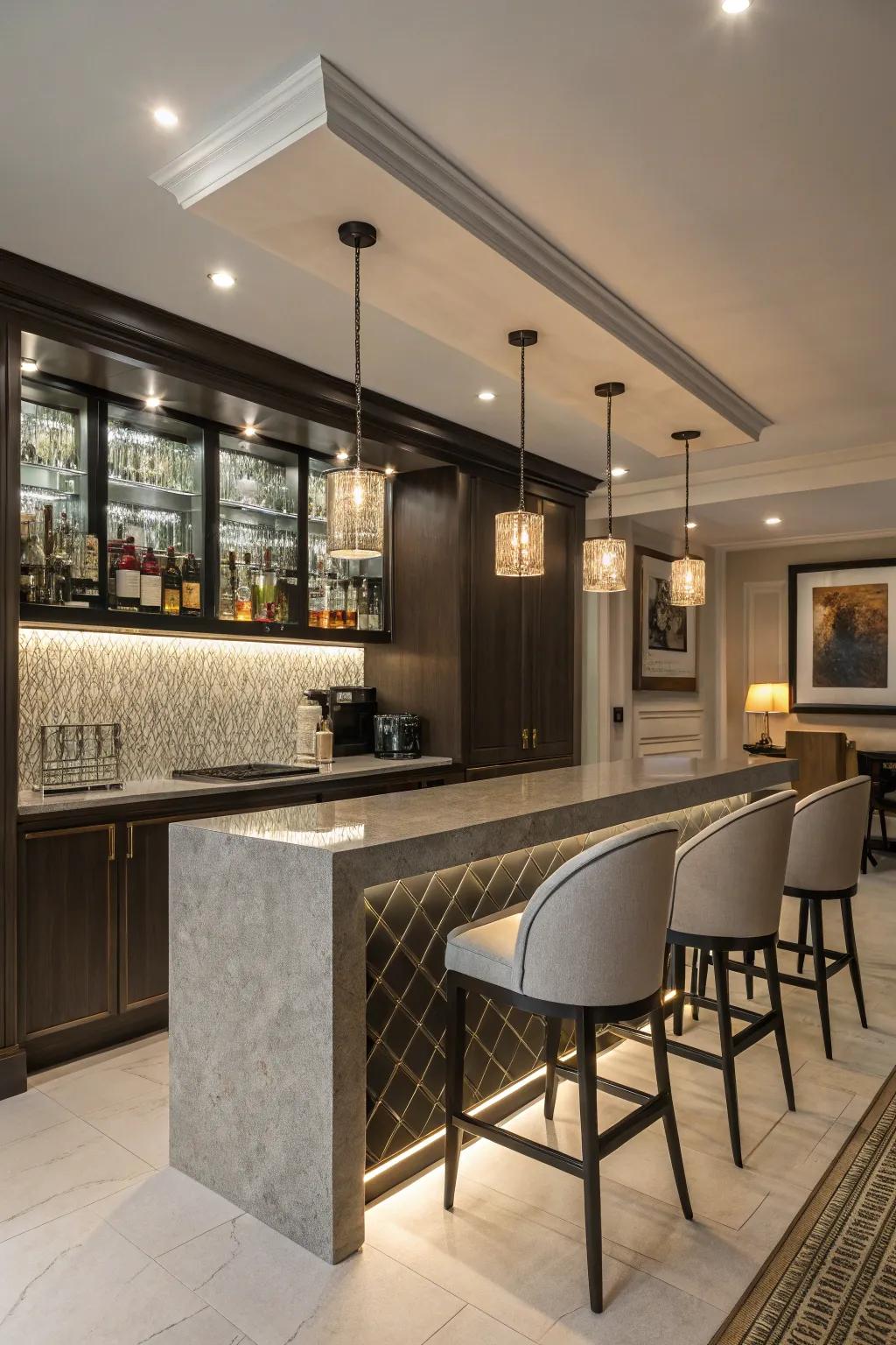 Modern lighting introduces a refined and contemporary element to the bar.