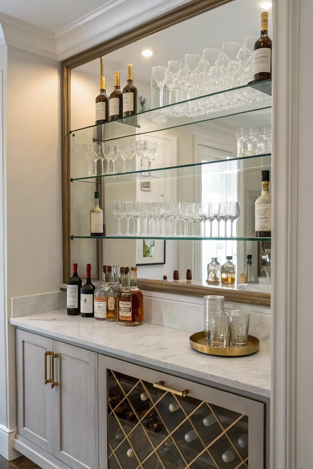 Contemporary minimalism using mirrored racks creates a tidy and fashionable home bar.