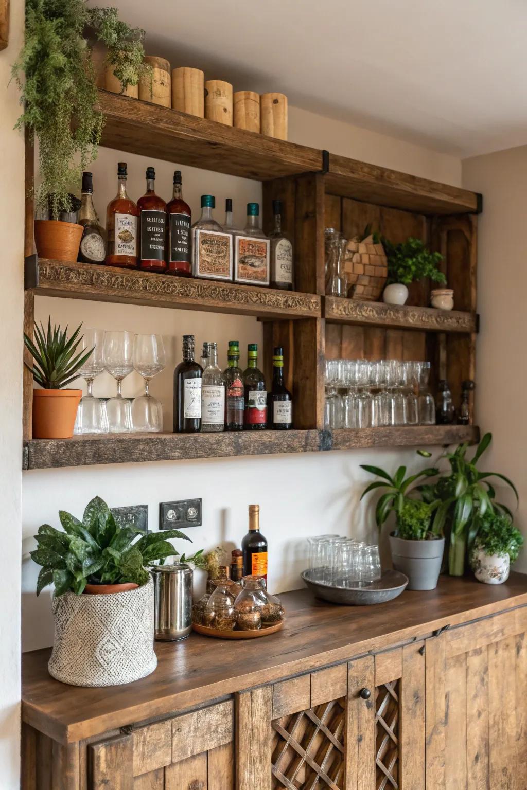 Salvaged lumber shelves contribute uniqueness to your bar.
