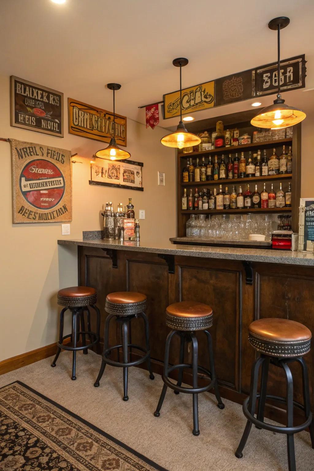 Vintage metal signs add a nostalgic feel to any bar.