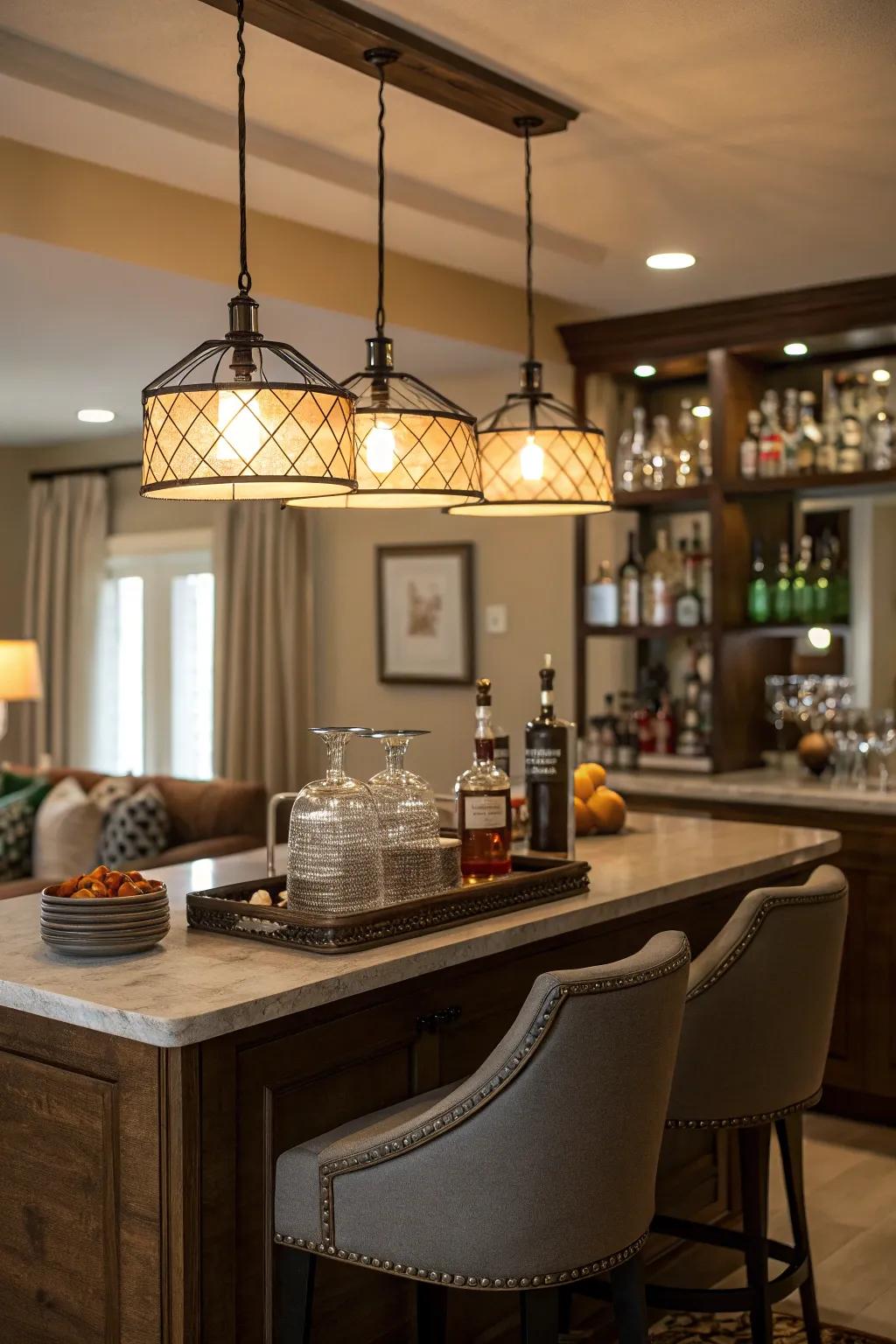 Refined home bar featuring ambient lighting to complement the table.