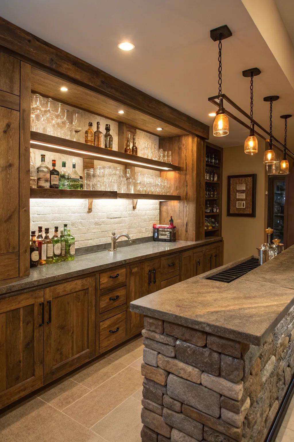 Repurposed timber adds a hint of country style to your bar area.