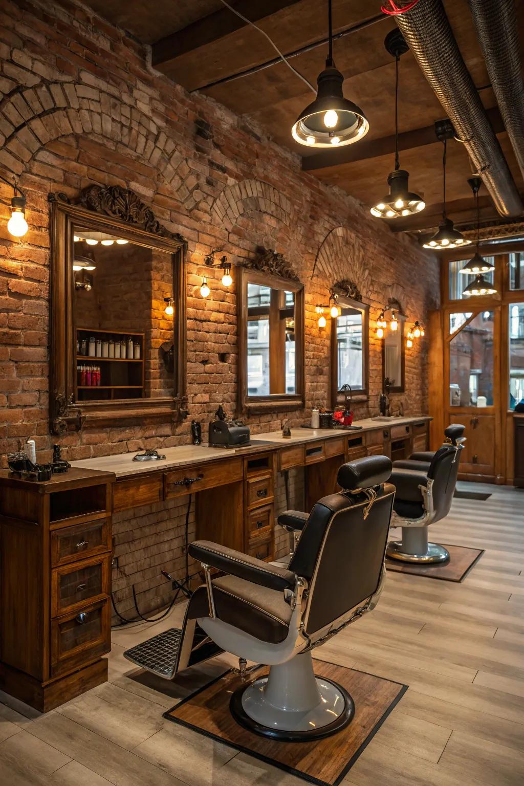 In a welcoming barbershop, rustic charm blends with warm lighting.