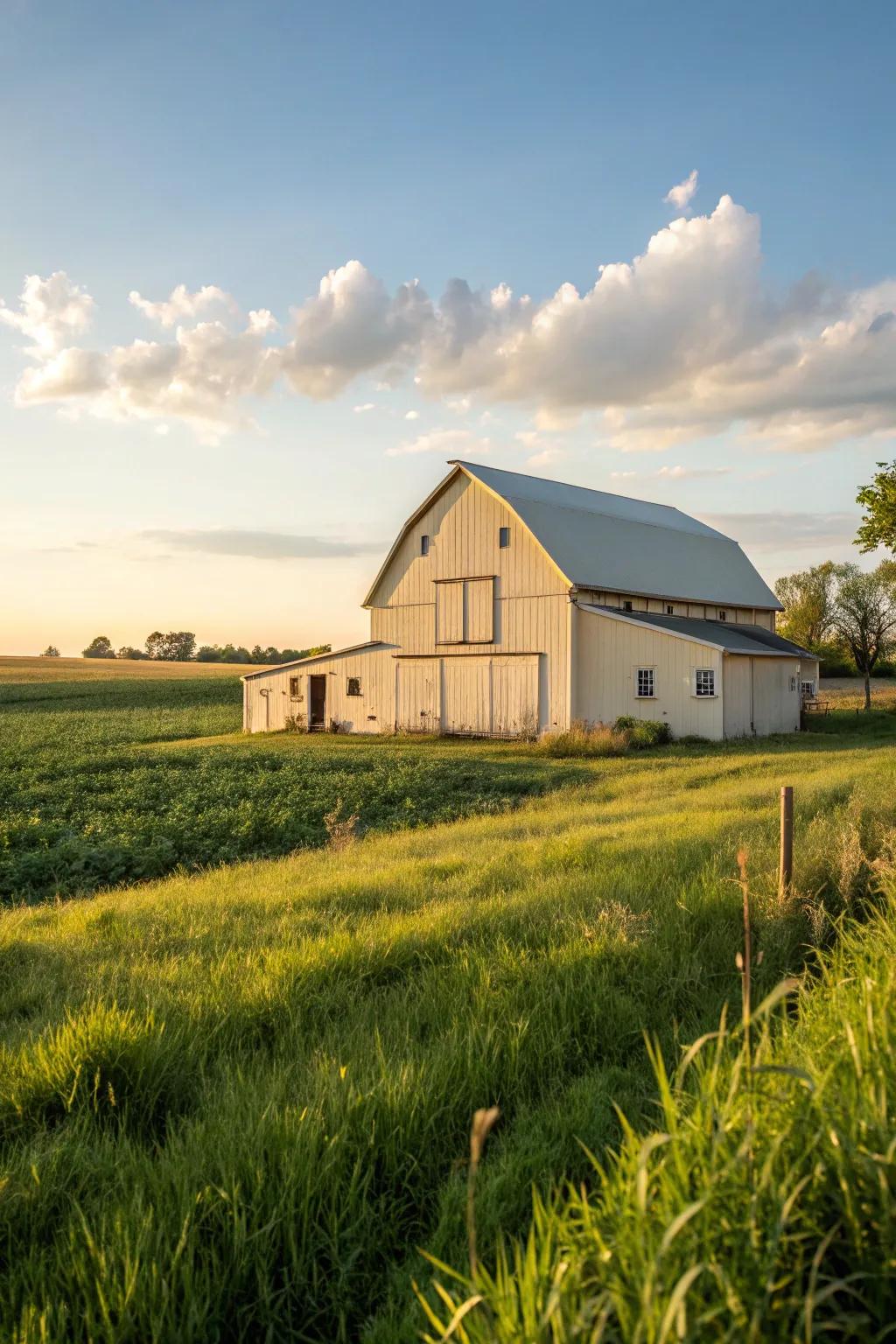 A barn in a warm beige shade that radiates inviting charm.