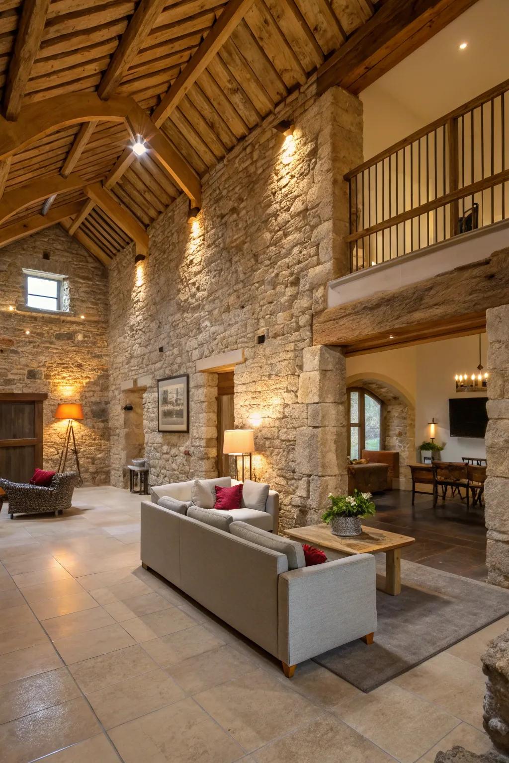 Rock walls maintain a country-inspired core in barn conversions.