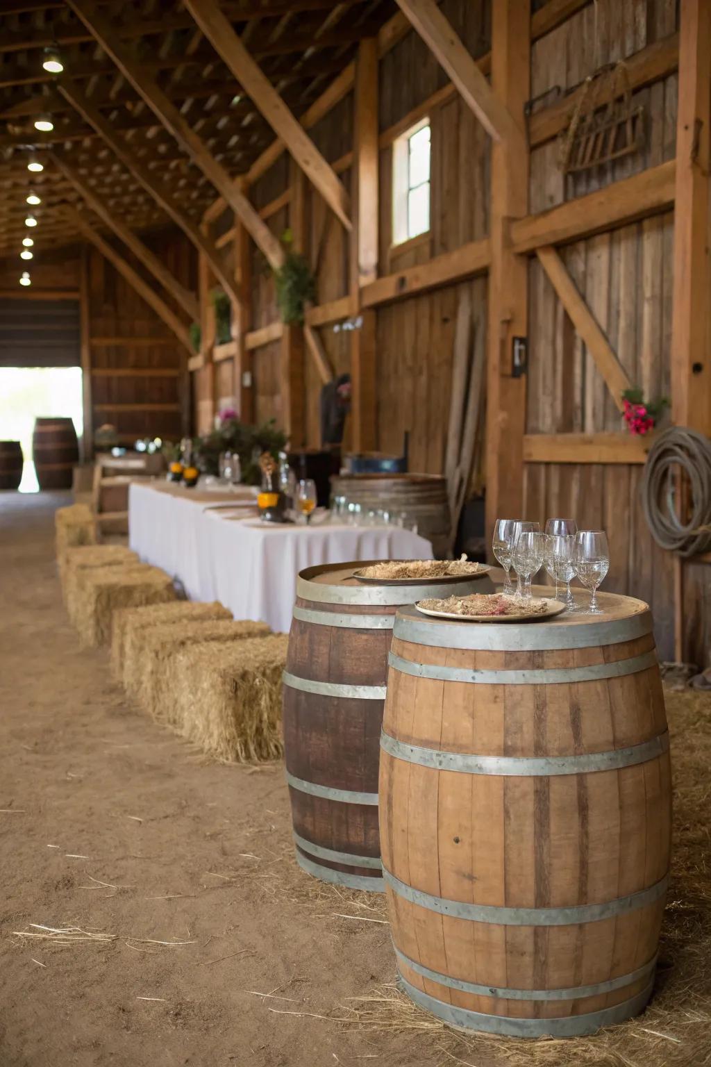 Wood barrels add an authentic rustic touch.