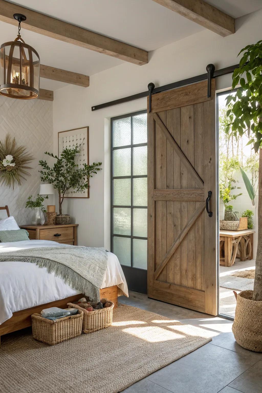A sunlit bedroom showcases a barn door featuring elegant glass sections.