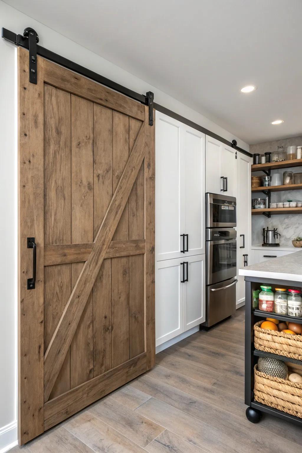 A kitchen featuring a sliding barn door pantry equipped with minimalist black fixtures.