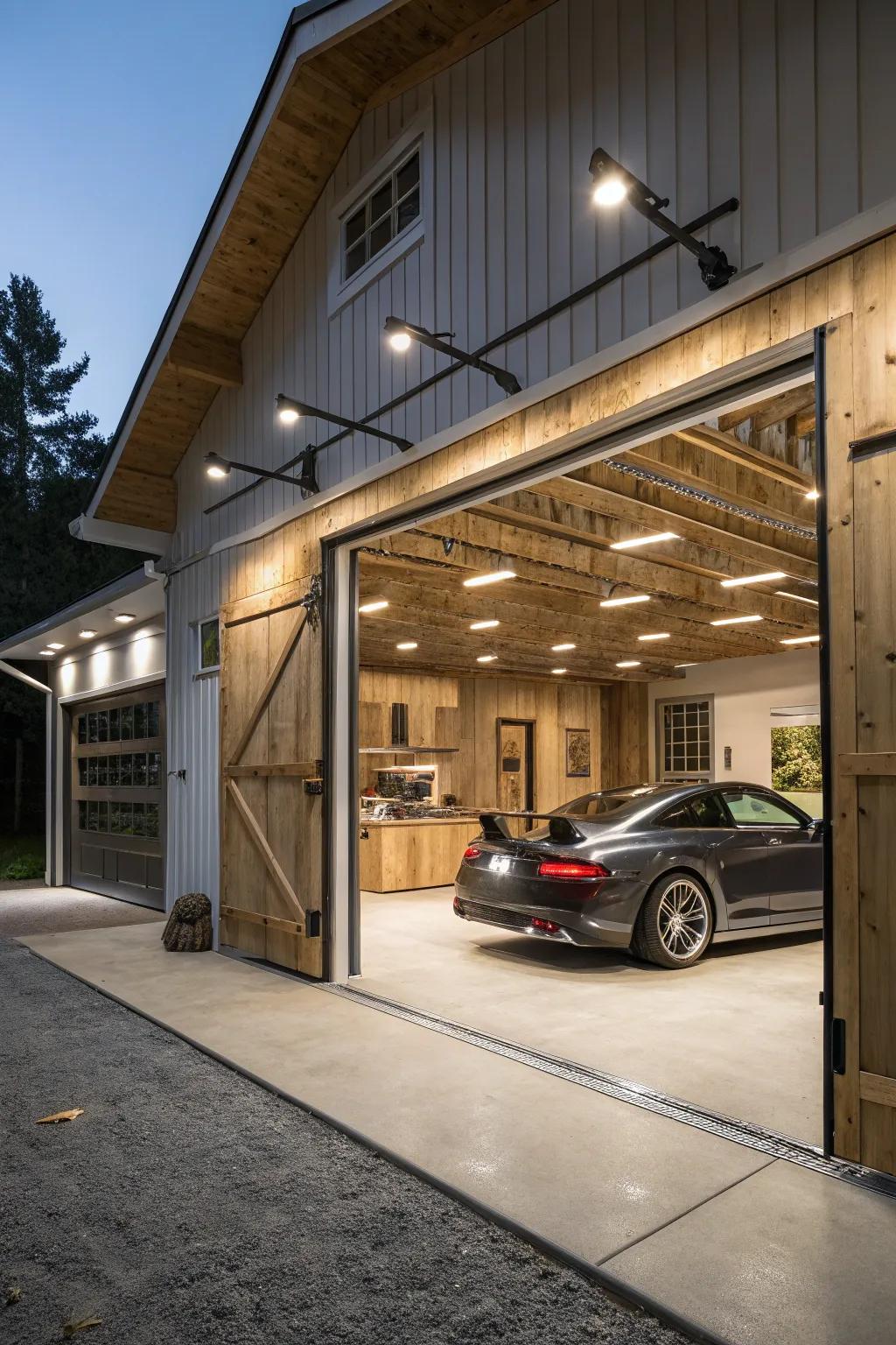 Modern lights brighten this barn garage easily.