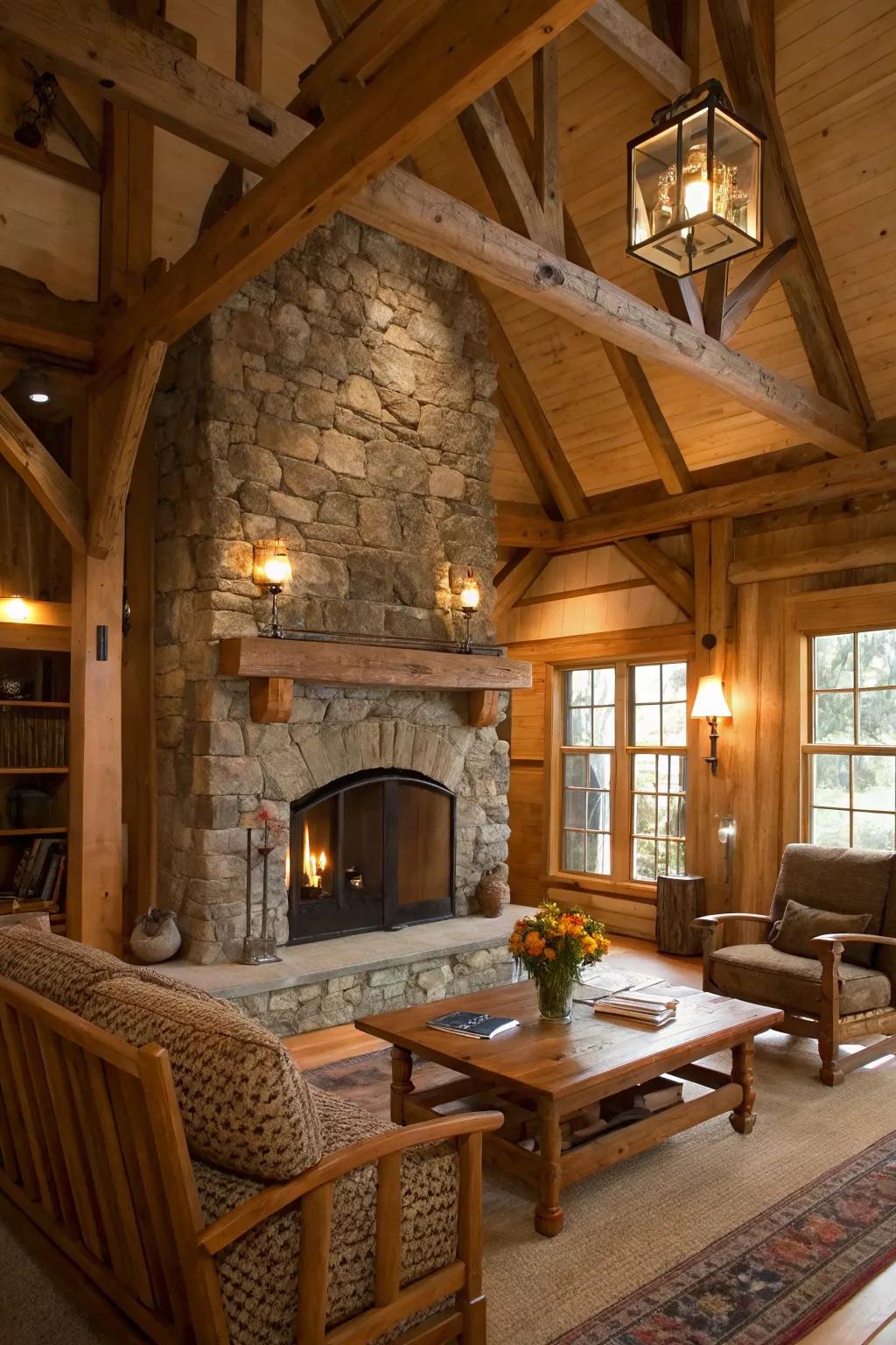 A comfortable living space centered around a country-style stone hearth.