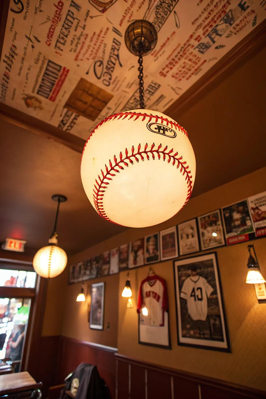 Baseball-themed lighting makes the room glow with creativity.