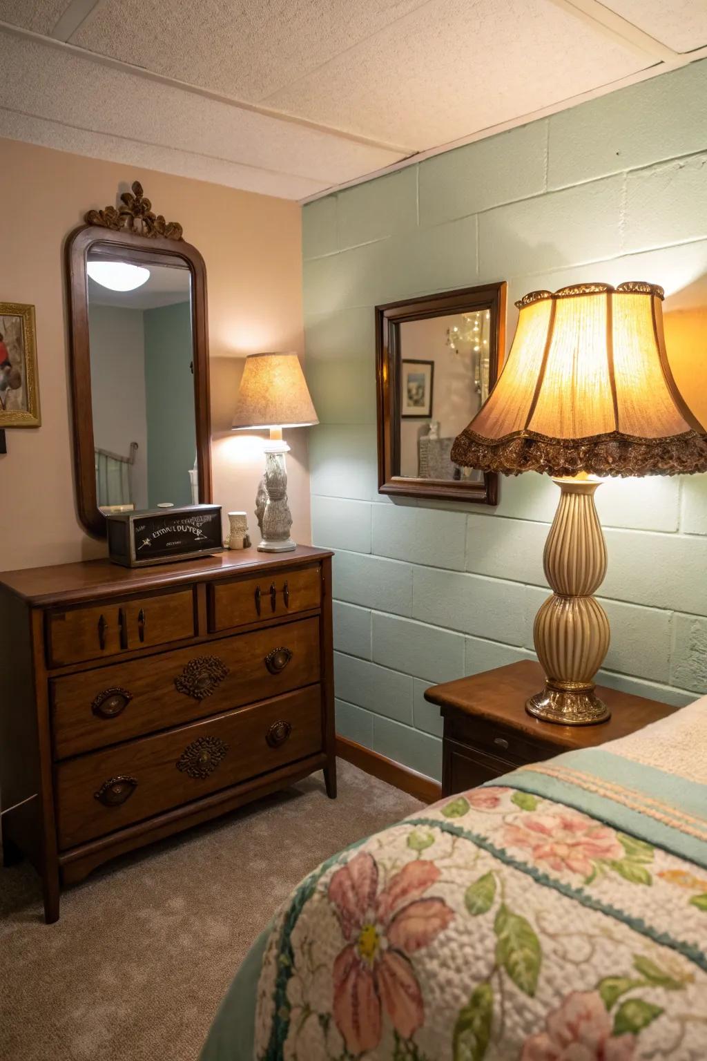 Retro decor pieces introduce unique personality to this basement bedroom.