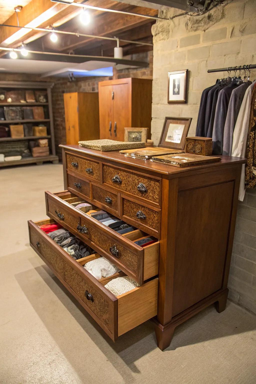 Repurposed furnishings contribute charm and added storage to the basement.