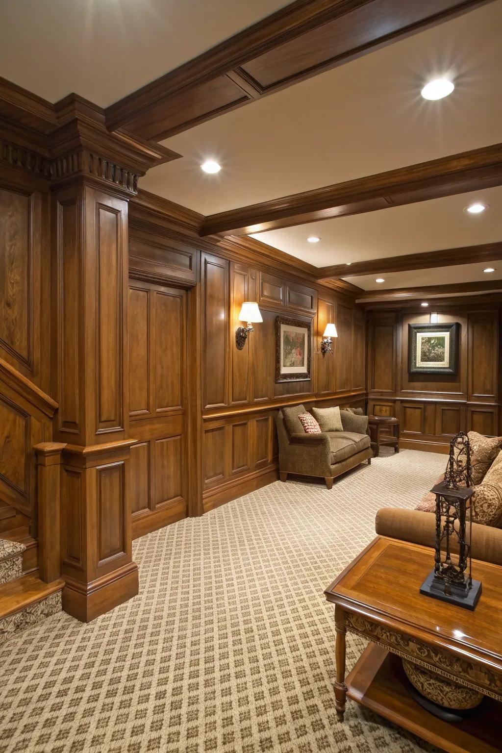 Wainscoting lends classic elegance to basement spaces.