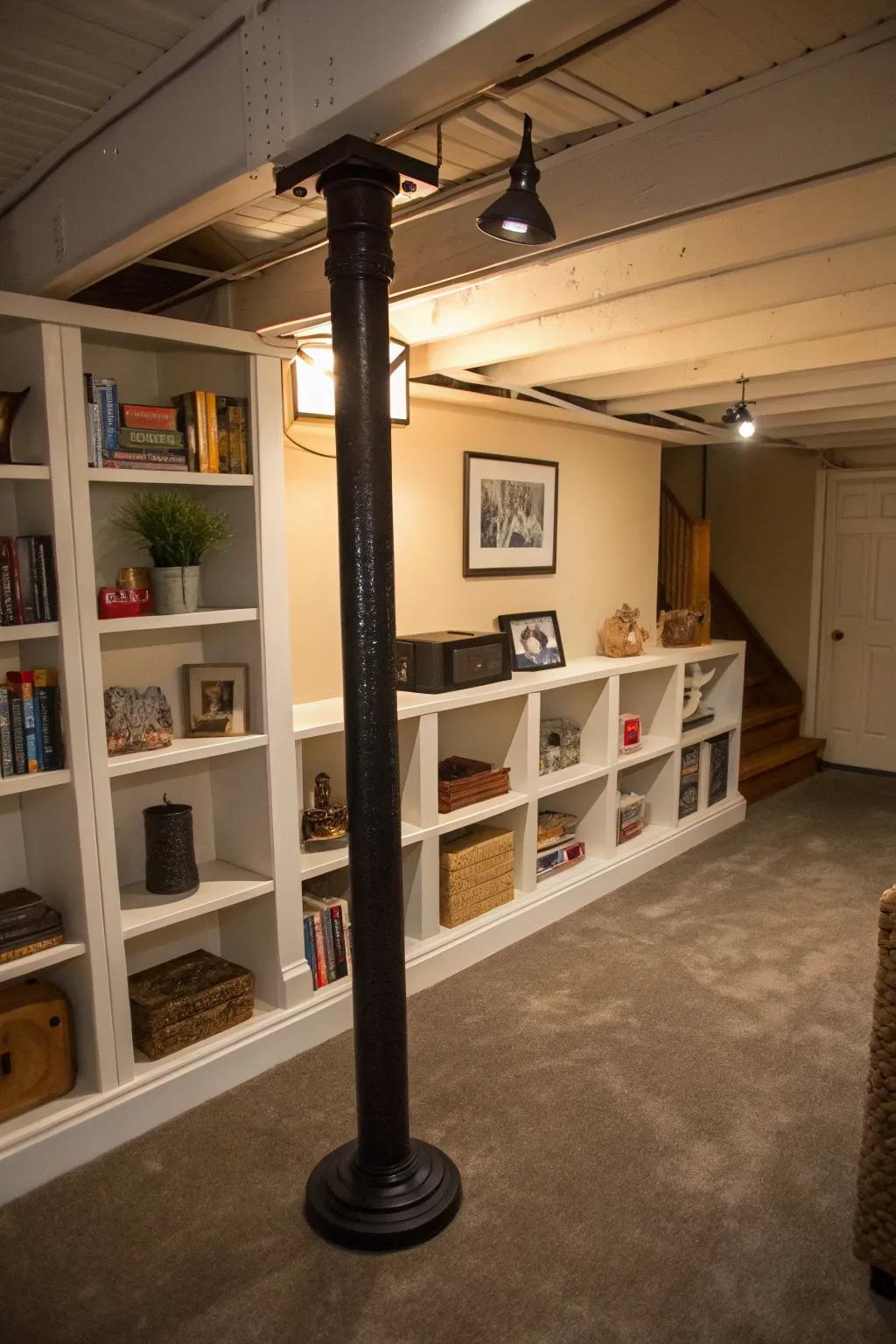 Functional shelving transforms basement columns into useful features.