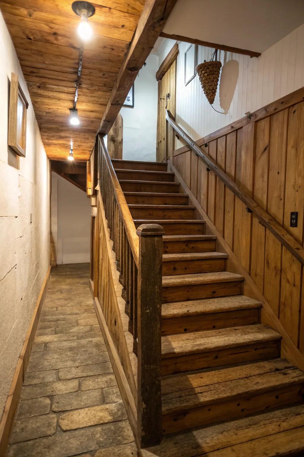 Homespun timber features insert a delightful warmth and allure into the stairway.