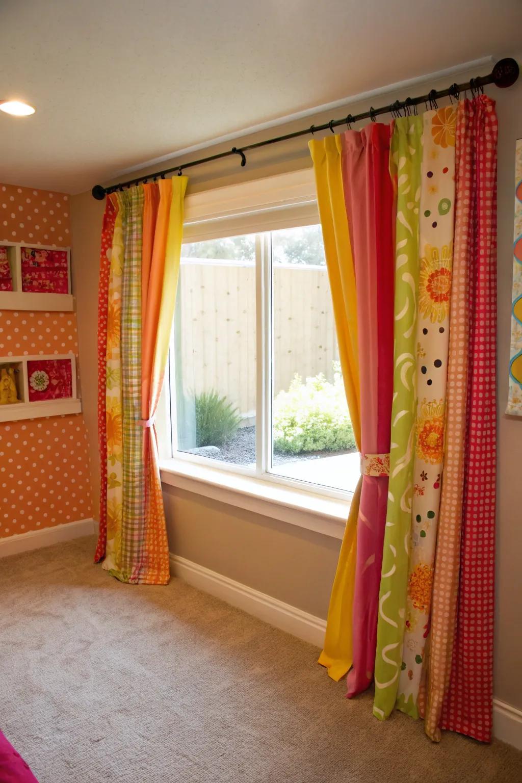 Vibrant curtains can add a splash of color to your basement.
