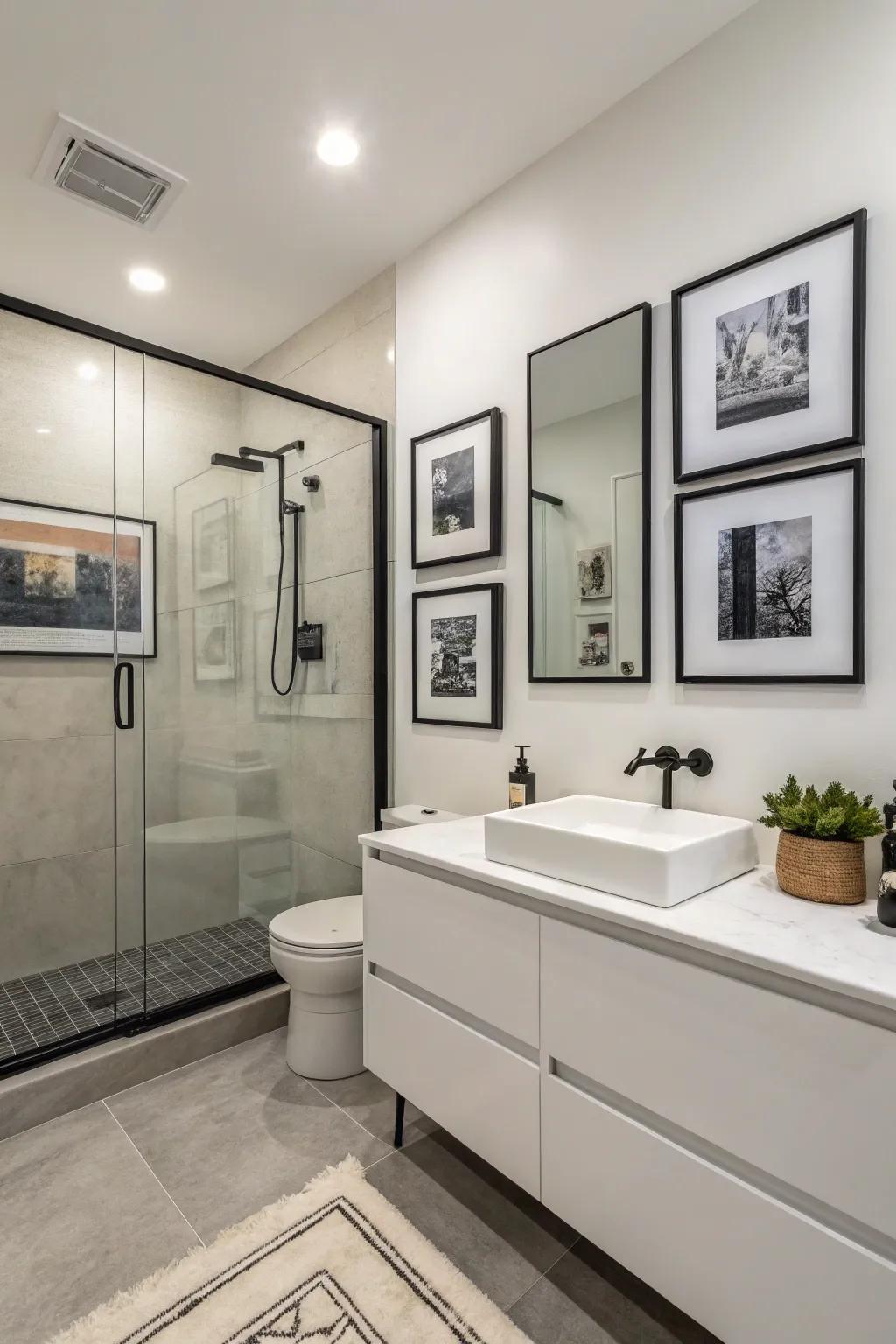 Black and white art suits minimalist bathroom designs beautifully.