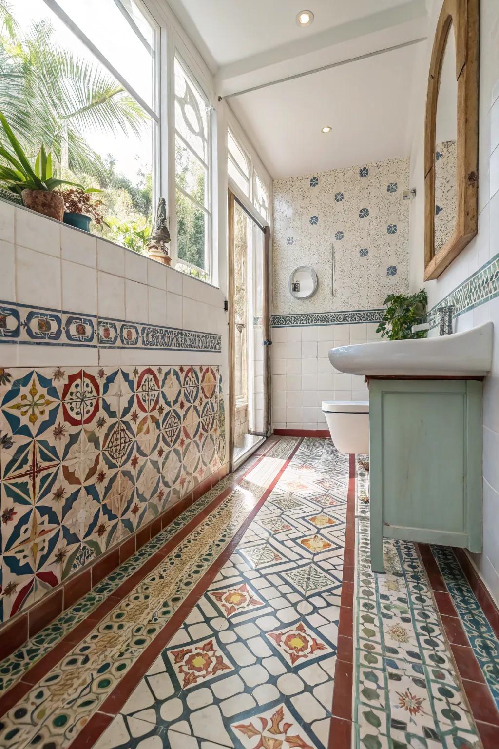 A bathroom presenting elaborate tile artistry that imparts character and allure to the space.