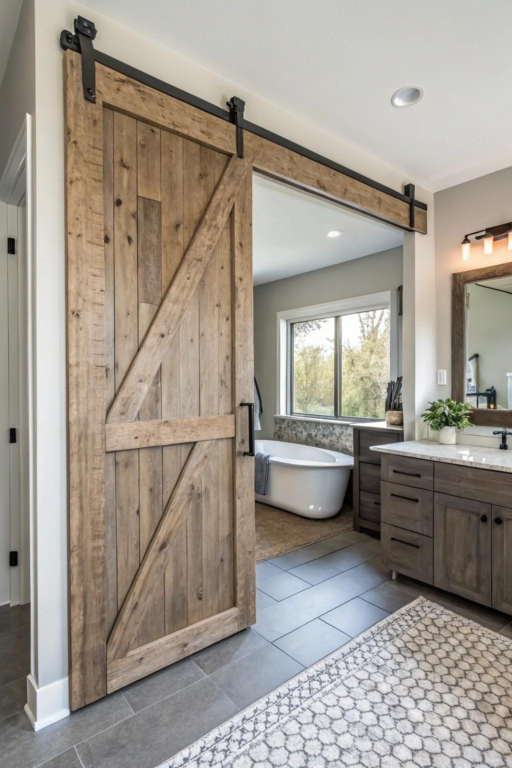 Sliding barn doors merge rustic charm with contemporary functionality.