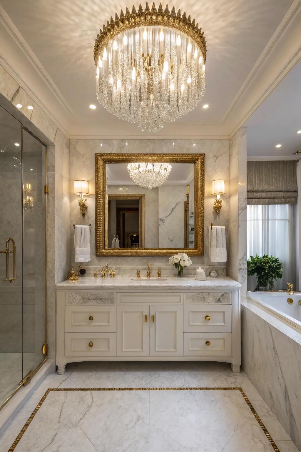An overhead fixture appends theatricality and elegance to lavatory illumination.