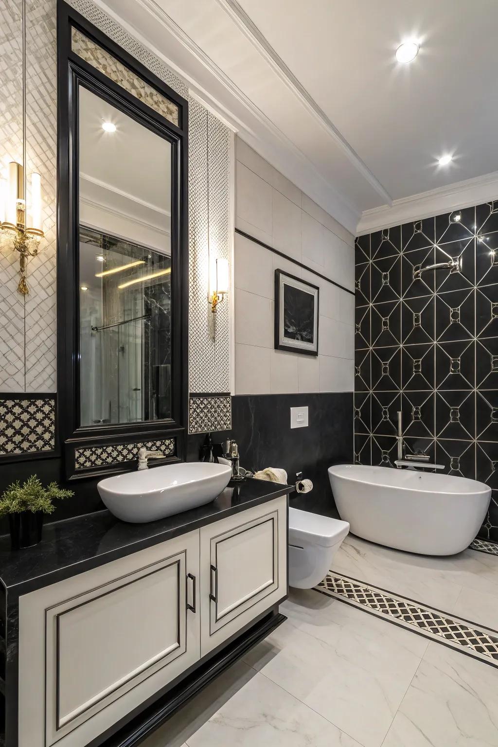 A sophisticated black and white bathroom with contemporary elegance.