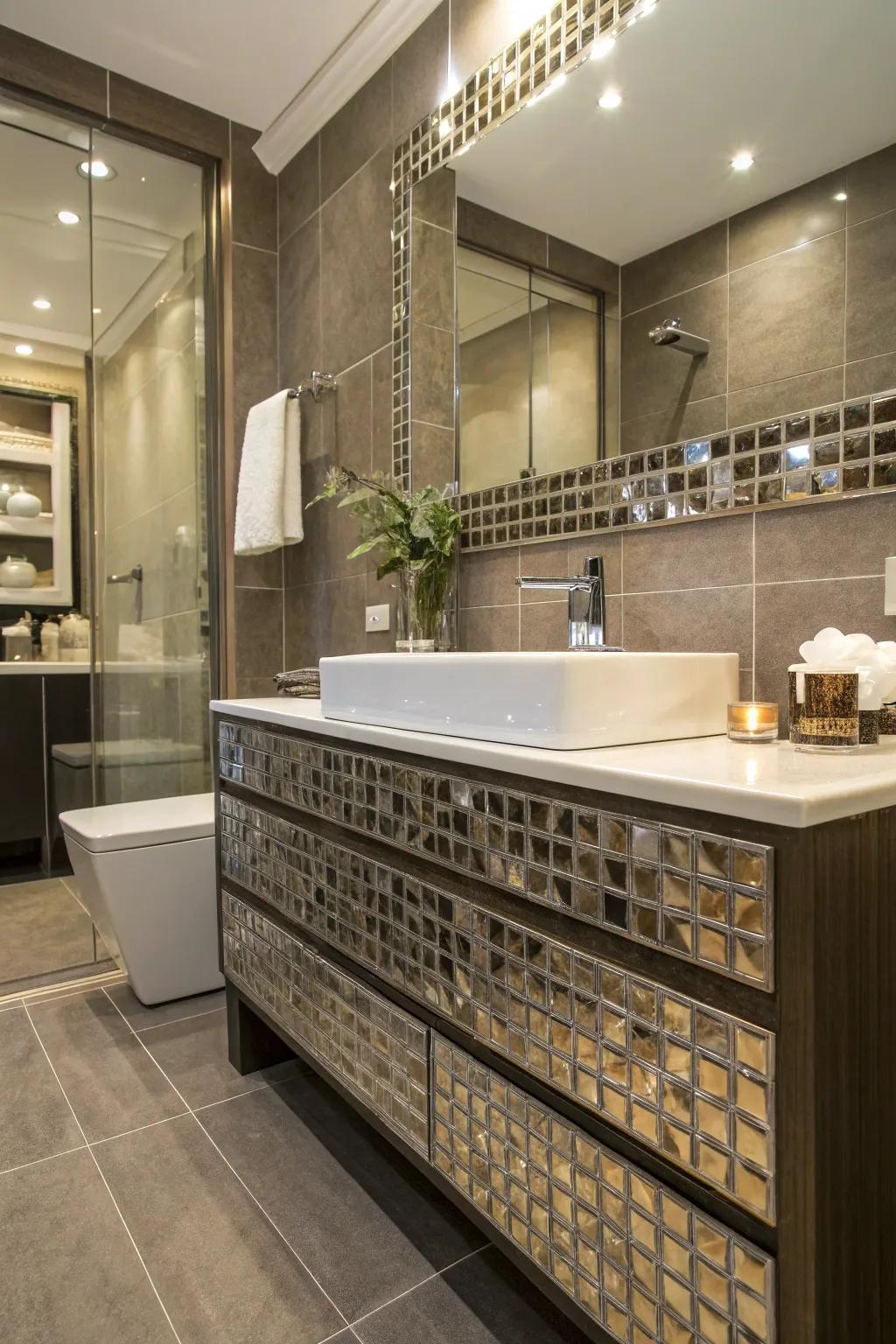 Metallic edges bring a hint of modern luxury to the bathroom.