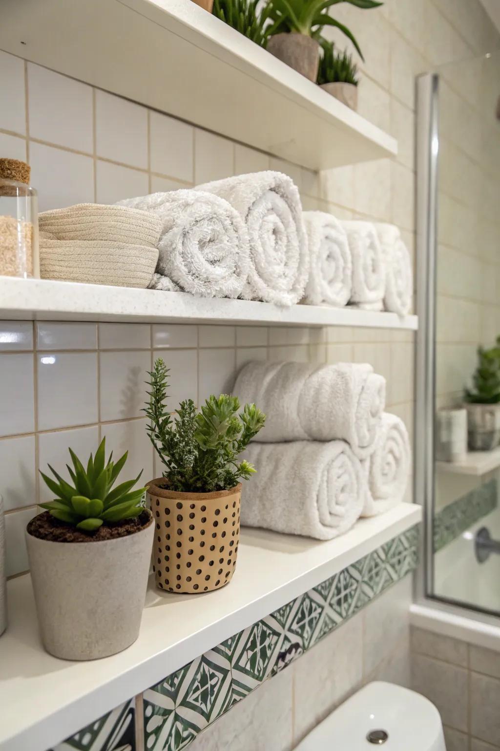 Unite practicality and style with coiled towels on ledges.