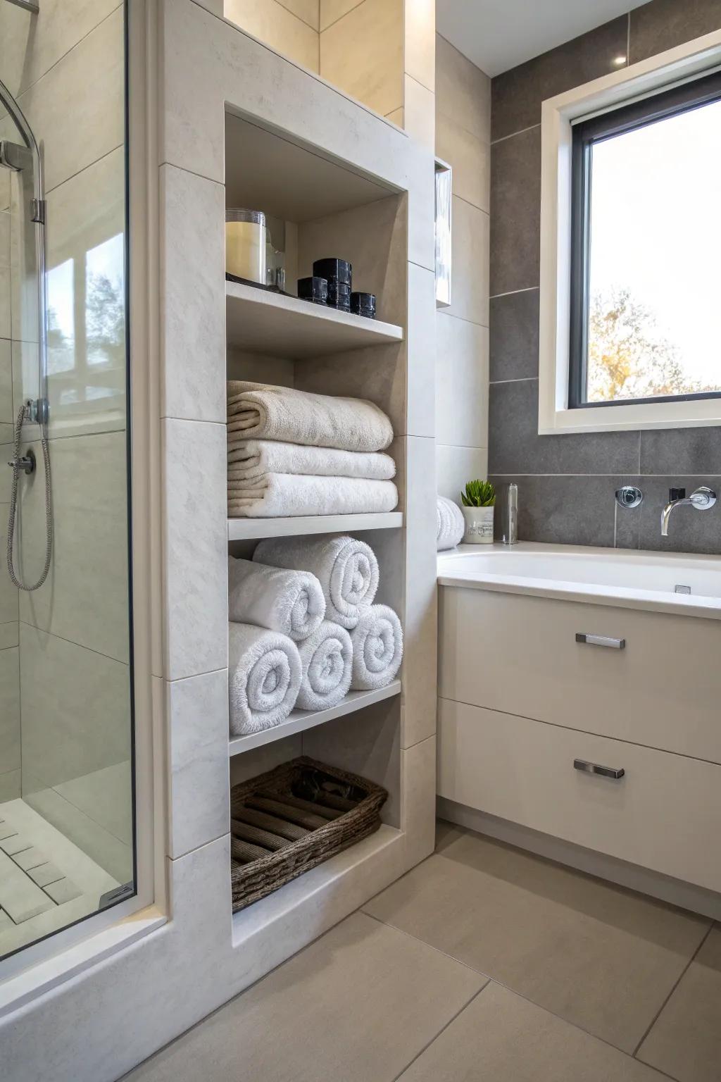 Built-in niches introduce class and practicality to storing towels.