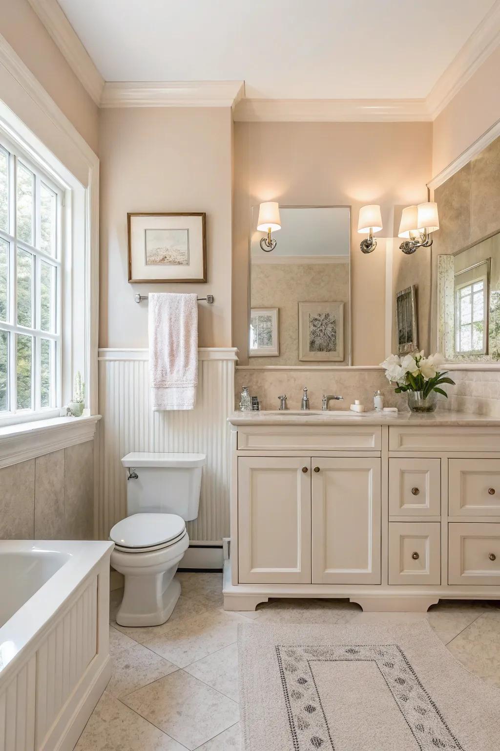 Neutral edging fosters a calming, spa-resembling mood.