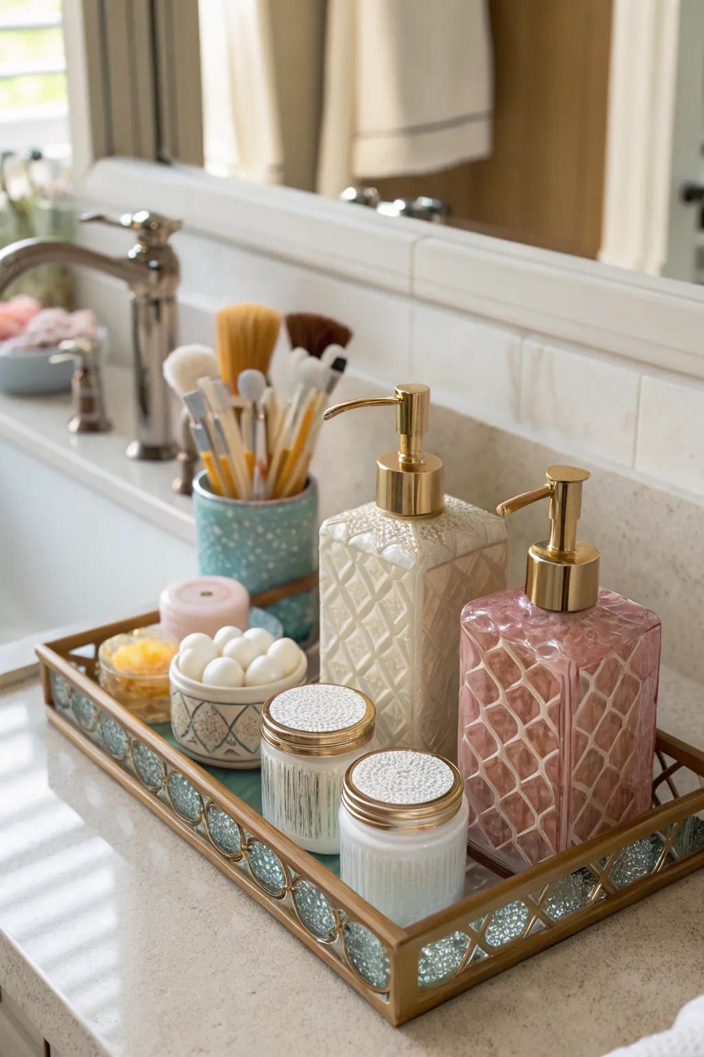 Decorative bottles and jars transform everyday items into stylish decor.