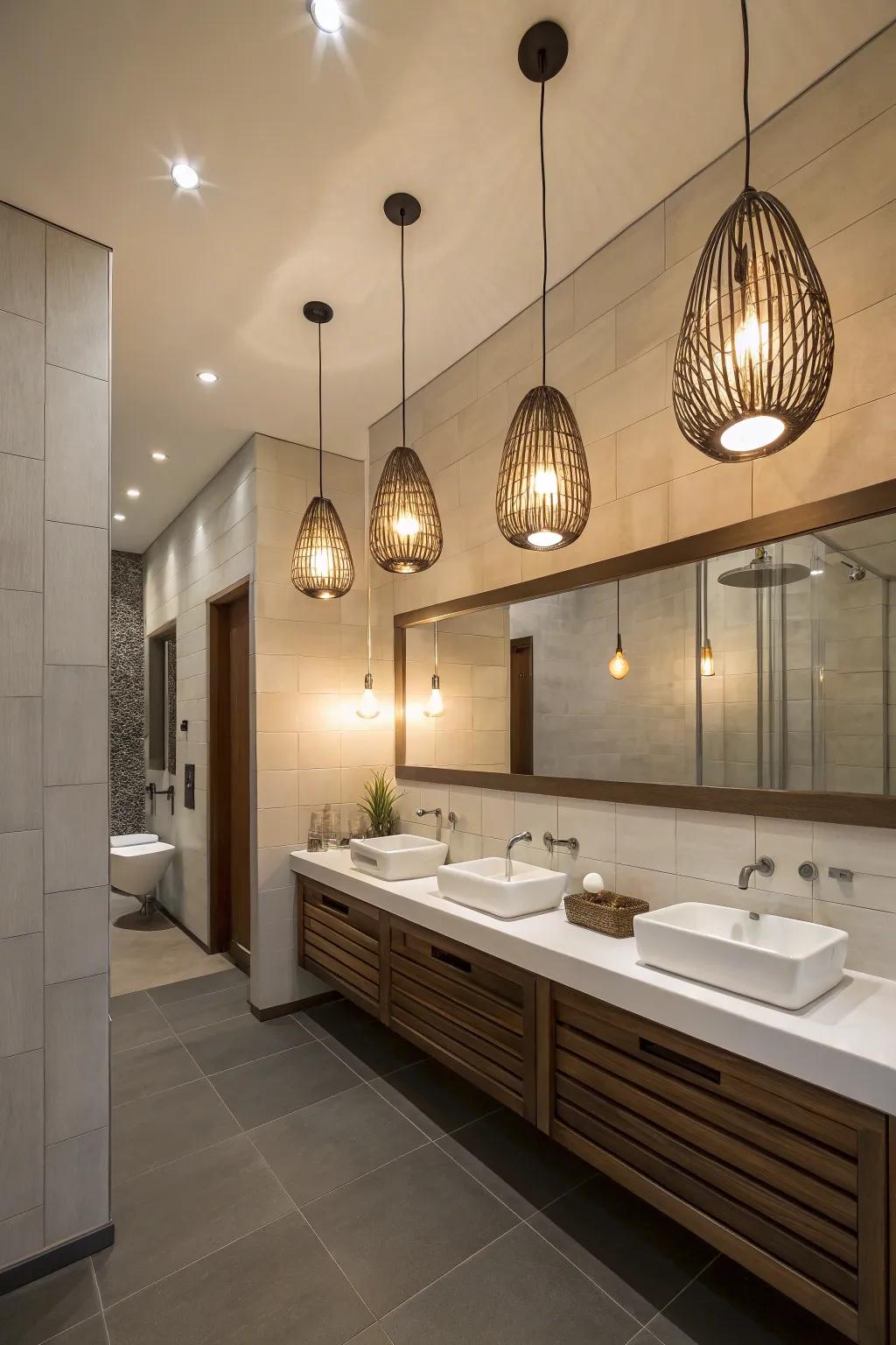 Hanging lighting enhances the beauty and complexity of your bathroom.