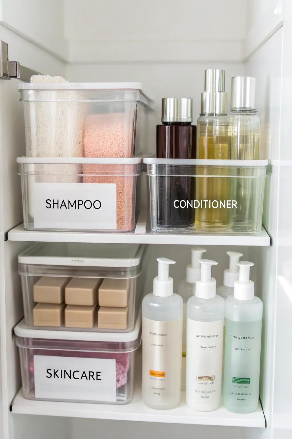 See-through containers maintain cabinet essentials visible and structured.