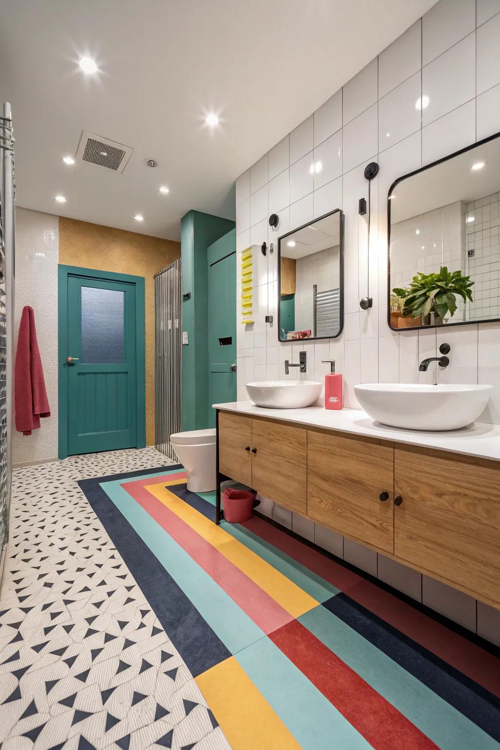 Vibrant <strong><em>plastic-based floors</em></strong> brings contrast and vibrancy to this restroom.” loading=”lazy” class=”pimg”>
	</picture><figcaption>Vibrant <strong><em>plastic-based floors</em></strong> brings contrast and vibrancy to this restroom.</figcaption></figure>
<p>Do not avoid shade! Blend light and dark tones in your <strong><em>plastic-based floors</em></strong> to develop striking contrasts that match your restroom components.</p>
<h3>A few helpful options:</h3>
<ul class=