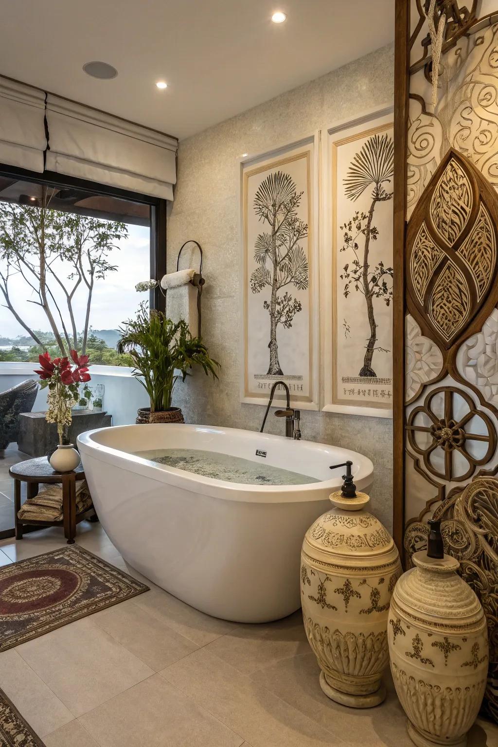 An artistic bathroom space with unique details surrounding the tub.