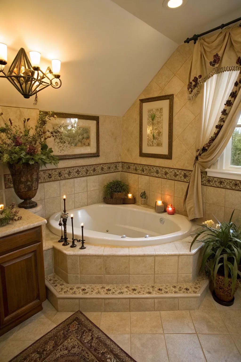 Optimize your space with a chic corner bathtub design.