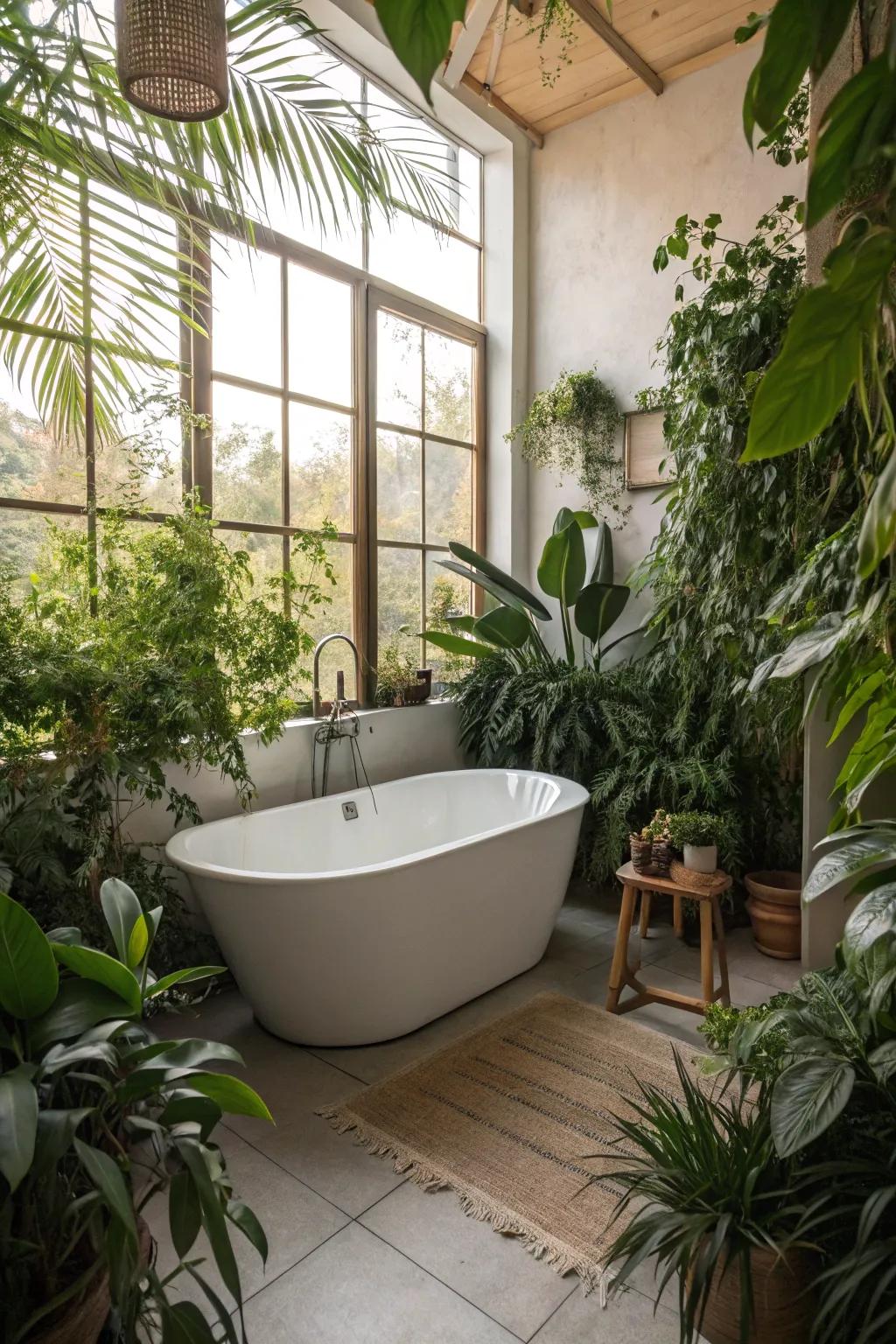 Greenery near a tub brings a refreshing element.
