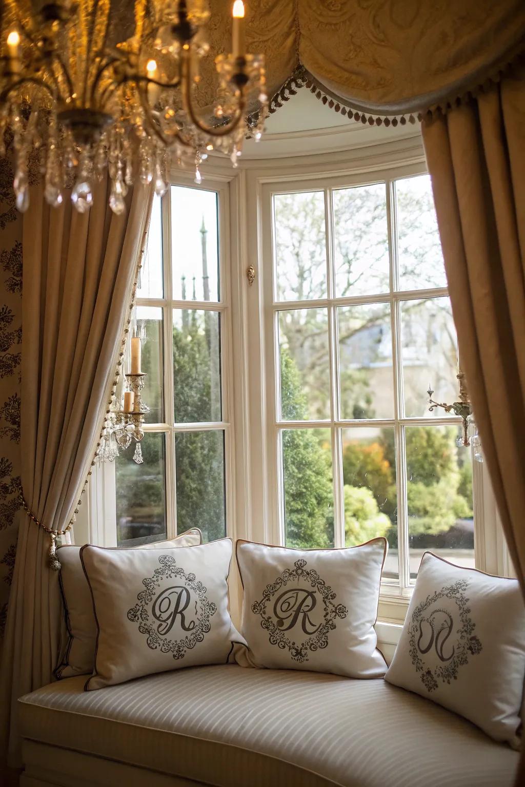 Monogrammed cushions give a personalized touch to your bay window space.